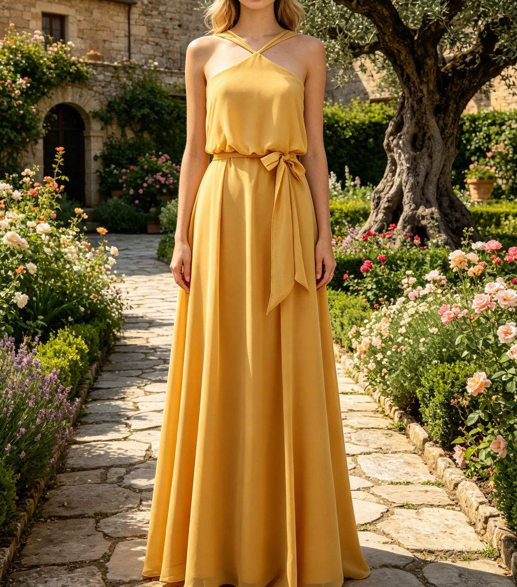 Elegantes Neckholder-Maxikleid in Gelb – A-Linien  dekorativer Schleife