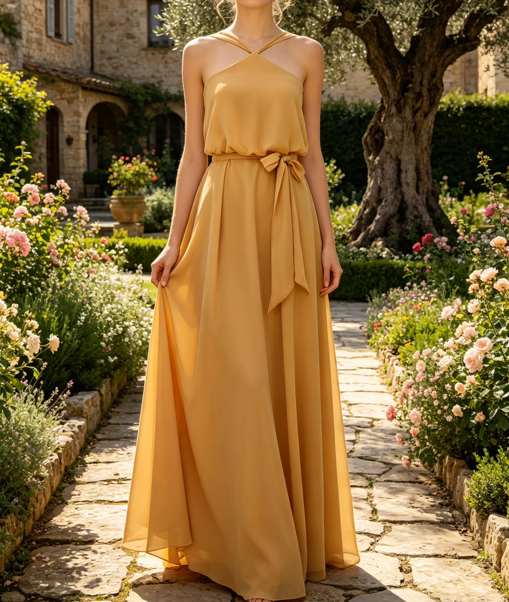 Elegantes Neckholder-Maxikleid in Gelb – A-Linien  dekorativer Schleife