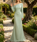 Exquisites Satin-Etukleid in Salbeigrün – Elegantes One-Shoulder Maxikleid mit langem Ärmel