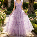 Bezauberndes A-Linien Maxikleid in Lavendel – V-Ausschnitt modernen Cut-Outs