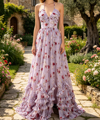 Romantisches A-Linien Maxikleid in Flieder-Grau – Korsett- Neckholder und Beinschlitz