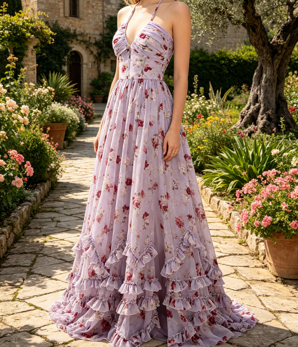 Romantisches A-Linien Maxikleid in Flieder-Grau – Korsett- Neckholder und Beinschlitz