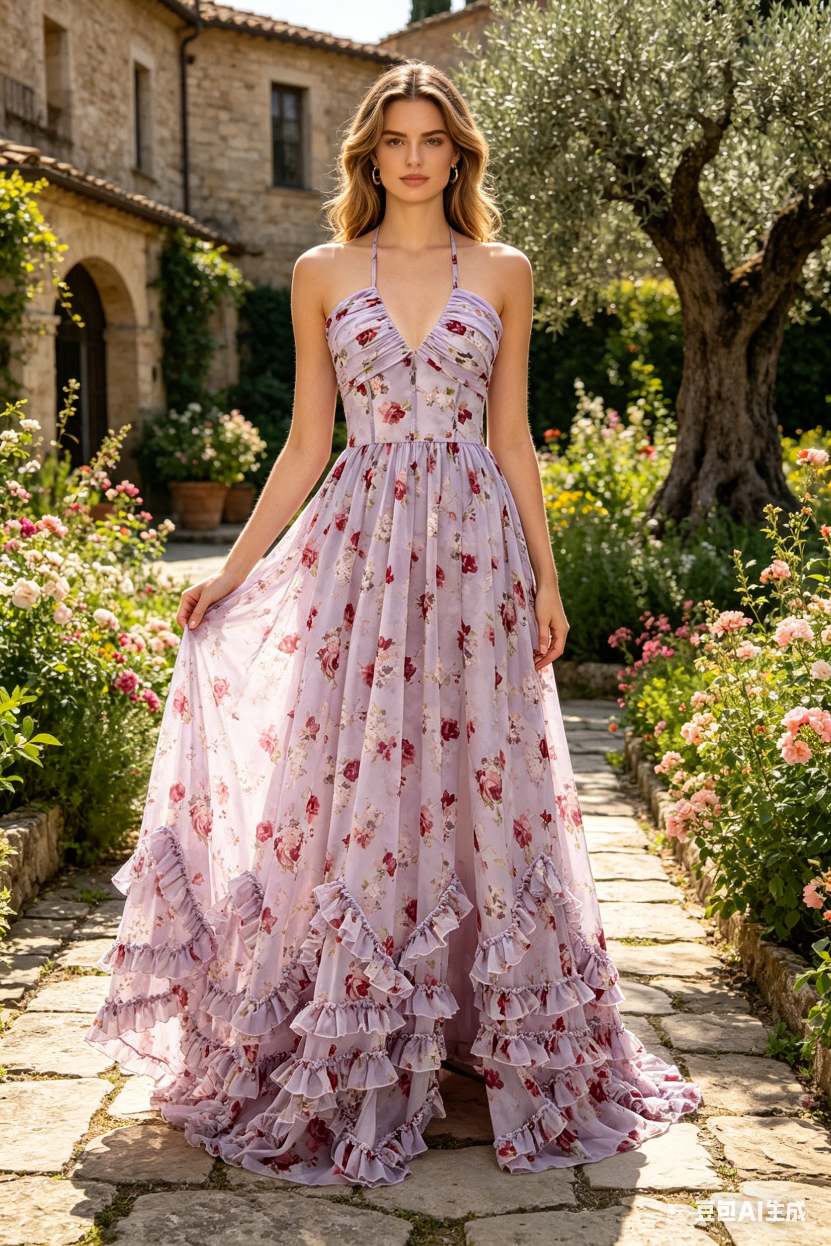 Romantisches A-Linien Maxikleid in Flieder-Grau – Korsett- Neckholder und Beinschlitz