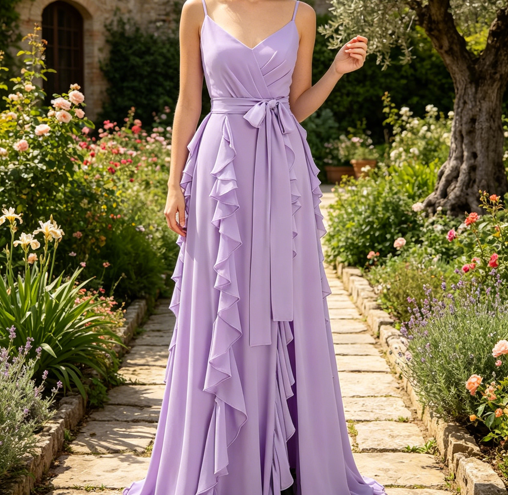 Luftiges Chiffon-Maxikleid in Flieder – Elegantes A-Linien Rüschen und Beinschlitz