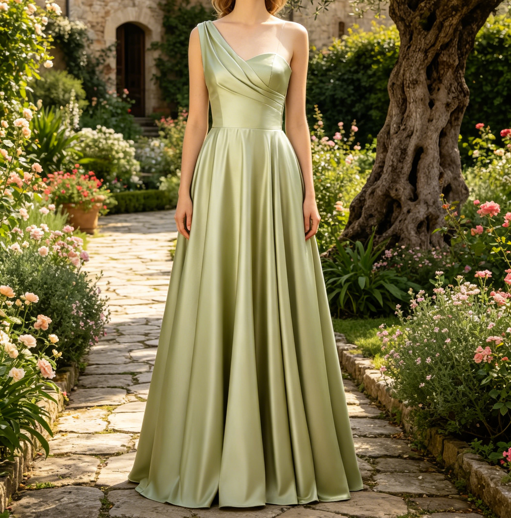 Exquisites Satin-Maxikleid in Salbeigrün – Elegantes A-Linien  One-Shoulder-Schnitt
