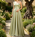 Exquisites Satin-Maxikleid in Salbeigrün – Elegantes A-Linien  One-Shoulder-Schnitt