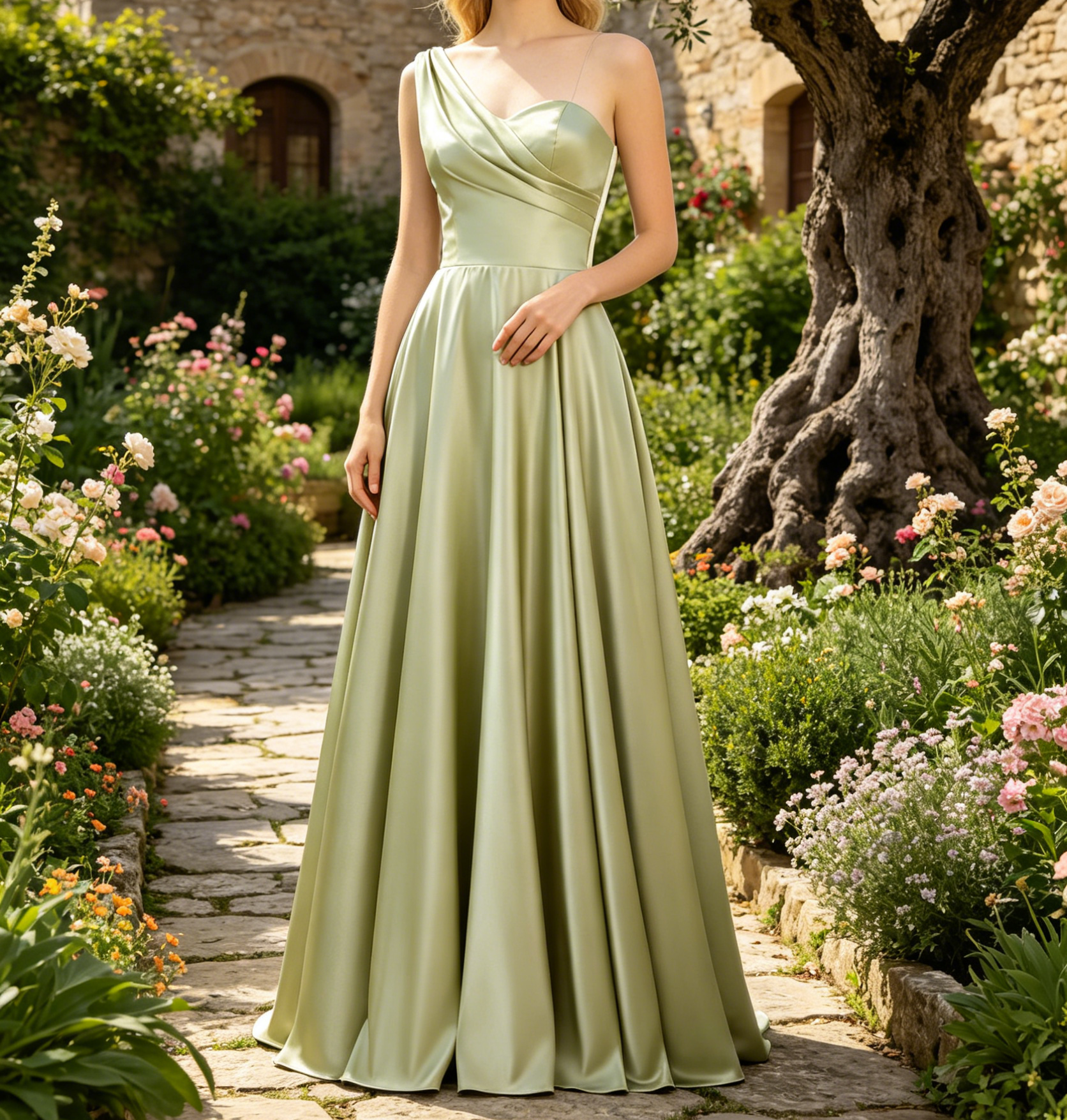 Exquisites Satin-Maxikleid in Salbeigrün – Elegantes A-Linien  One-Shoulder-Schnitt