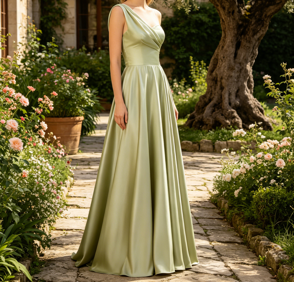 Exquisites Satin-Maxikleid in Salbeigrün – Elegantes A-Linien  One-Shoulder-Schnitt