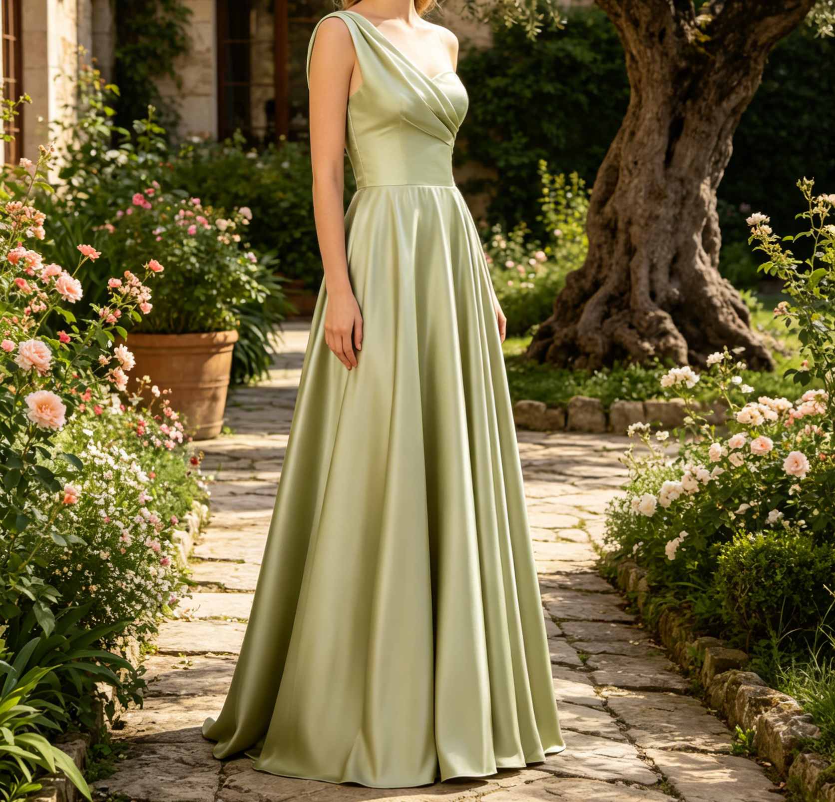Exquisites Satin-Maxikleid in Salbeigrün – Elegantes A-Linien  One-Shoulder-Schnitt