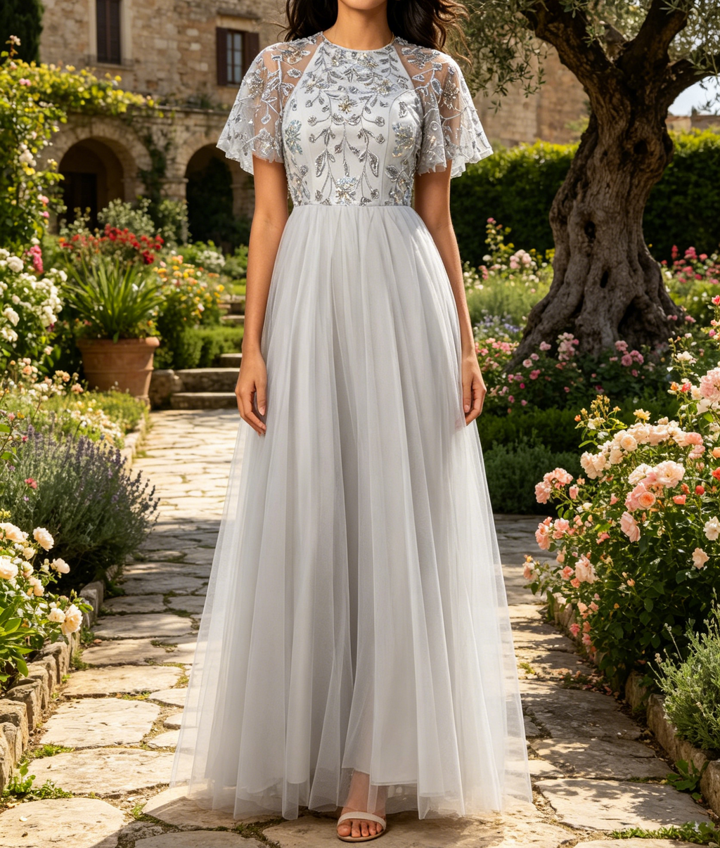 Elegantes Maxikleid in Grau – A-Linien Rundhalsausschnitt und Ärmeln