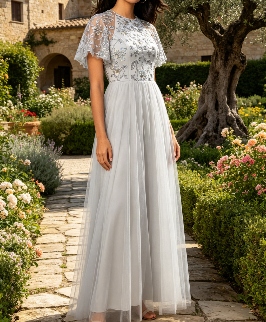Elegantes Maxikleid in Grau – A-Linien Rundhalsausschnitt und Ärmeln