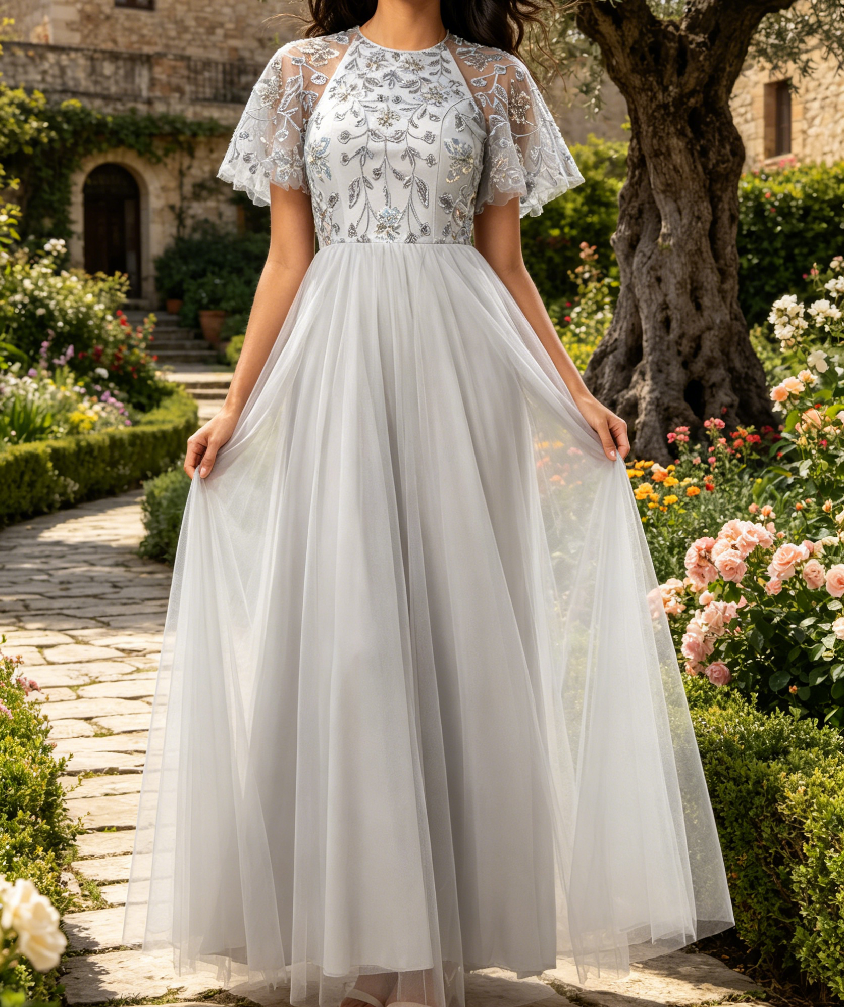Elegantes Maxikleid in Grau – A-Linien Rundhalsausschnitt und Ärmeln