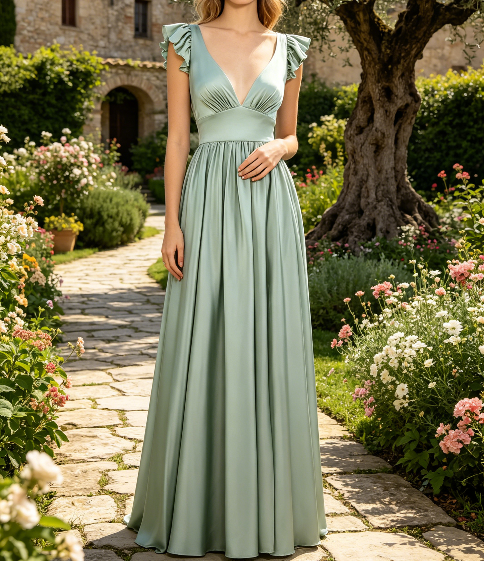 Bezauberndes Maxikleid in Waldgrün – A-Linien tiefem V-Ausschnitt und Rüschen-Details
