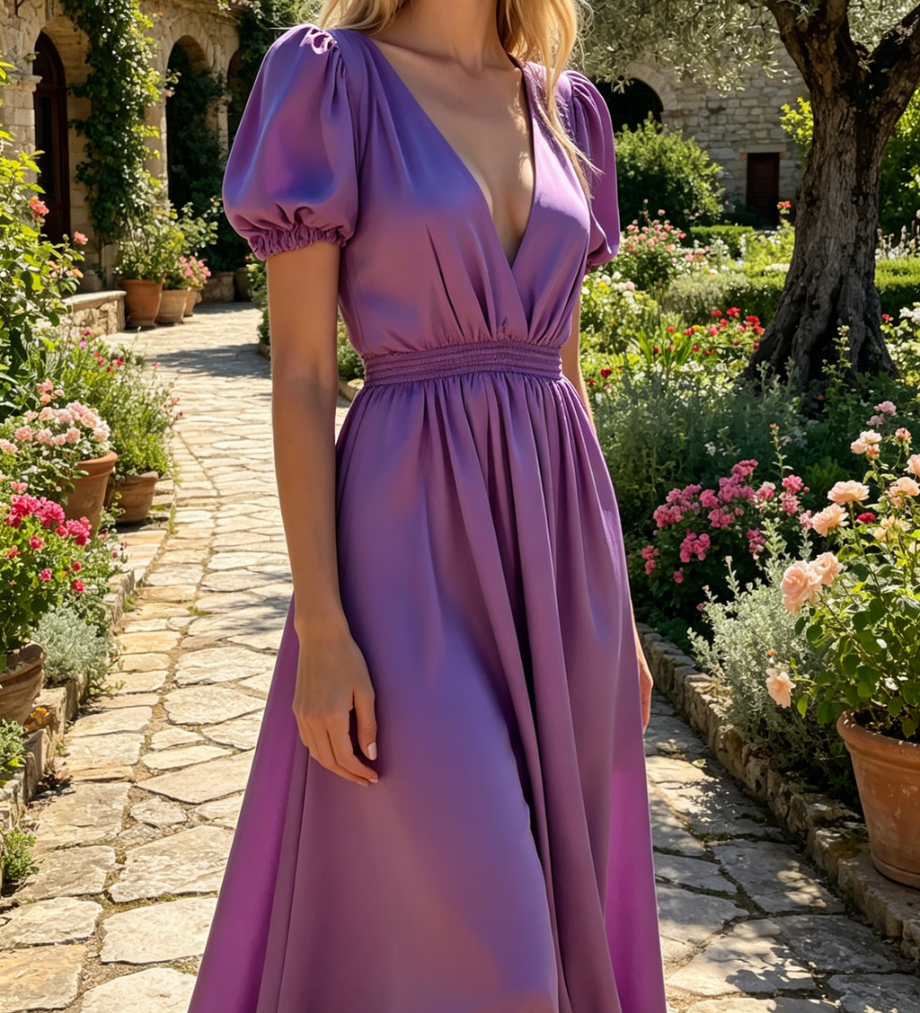 Romantisches A-Linien Maxikleid in Flieder – Elegantes Puffärmeln und tiefem Rückenausschnitt