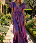 Romantisches A-Linien Maxikleid in Flieder – Elegantes Puffärmeln und tiefem Rückenausschnitt