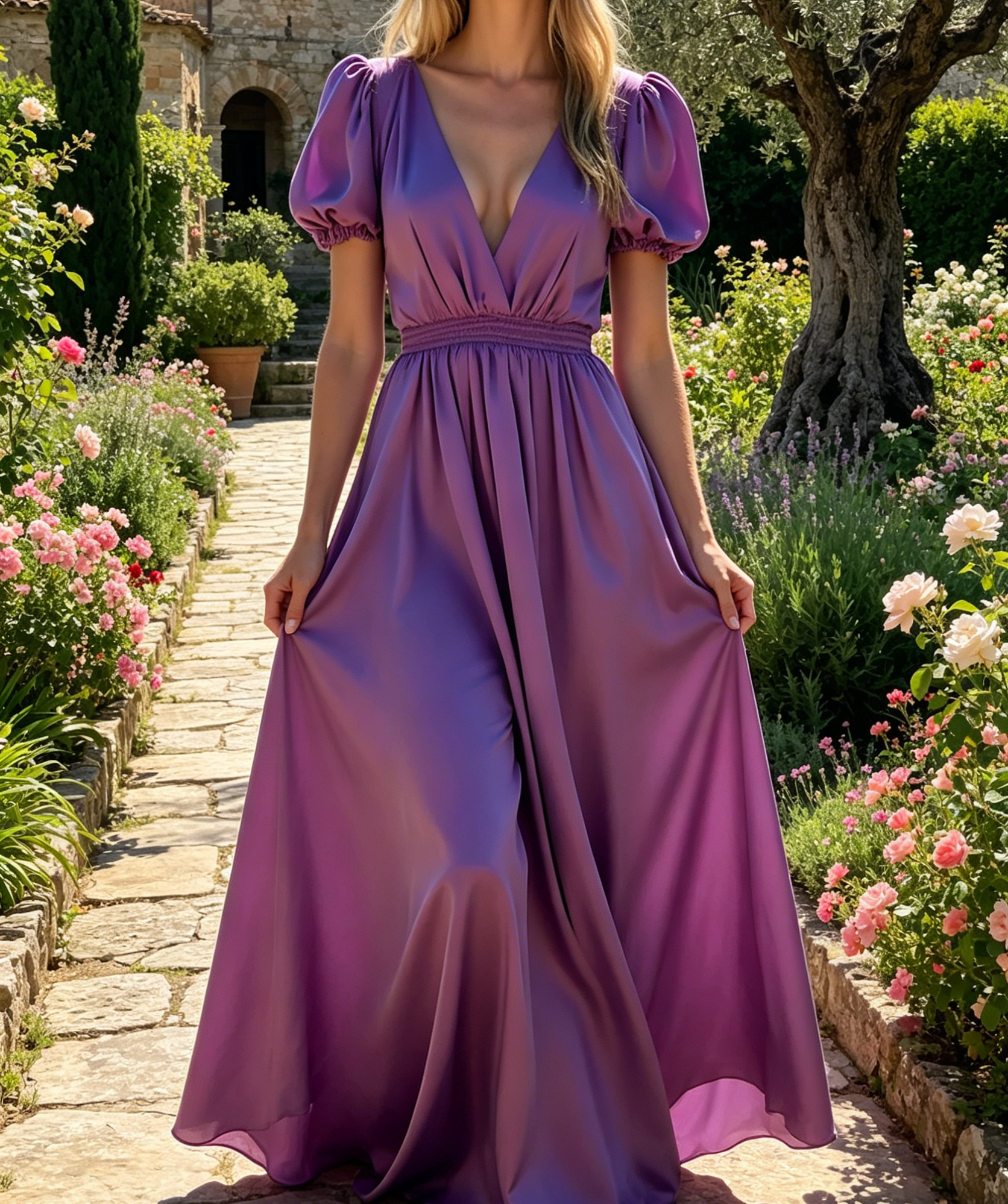 Romantisches A-Linien Maxikleid in Flieder – Elegantes Puffärmeln und tiefem Rückenausschnitt