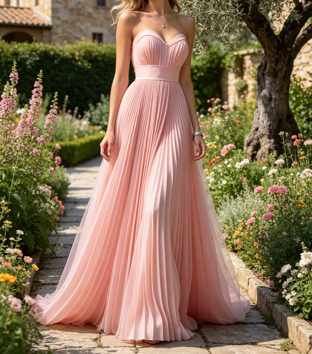 Elegantes Chiffon-Maxikleid in Rosa – A-Linien Herzausschnitt und feiner Plissierung