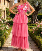 Festliches A-Linien Maxikleid in leuchtendem Pink – Elegantes One-Shoulder-Schnitt und floralem Print
