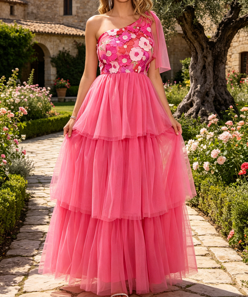 Festliches A-Linien Maxikleid in leuchtendem Pink – Elegantes One-Shoulder-Schnitt und floralem Print