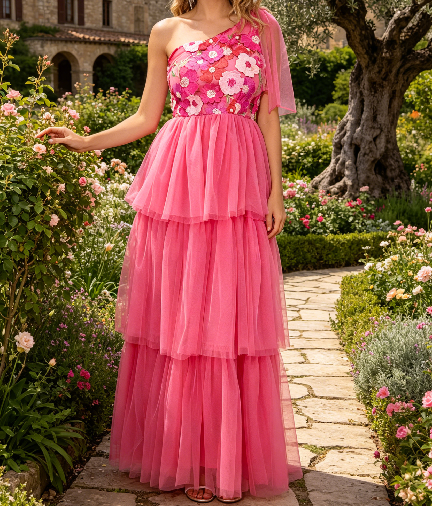 Festliches A-Linien Maxikleid in leuchtendem Pink – Elegantes One-Shoulder-Schnitt und floralem Print