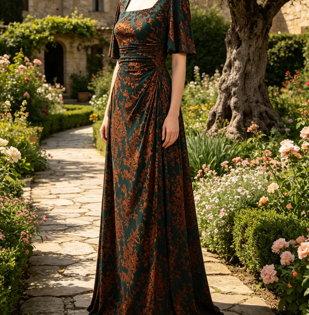 Elegantes Maxikleid in Dunkelgrün – modernem Karree-Ausschnitt und Ärmeln