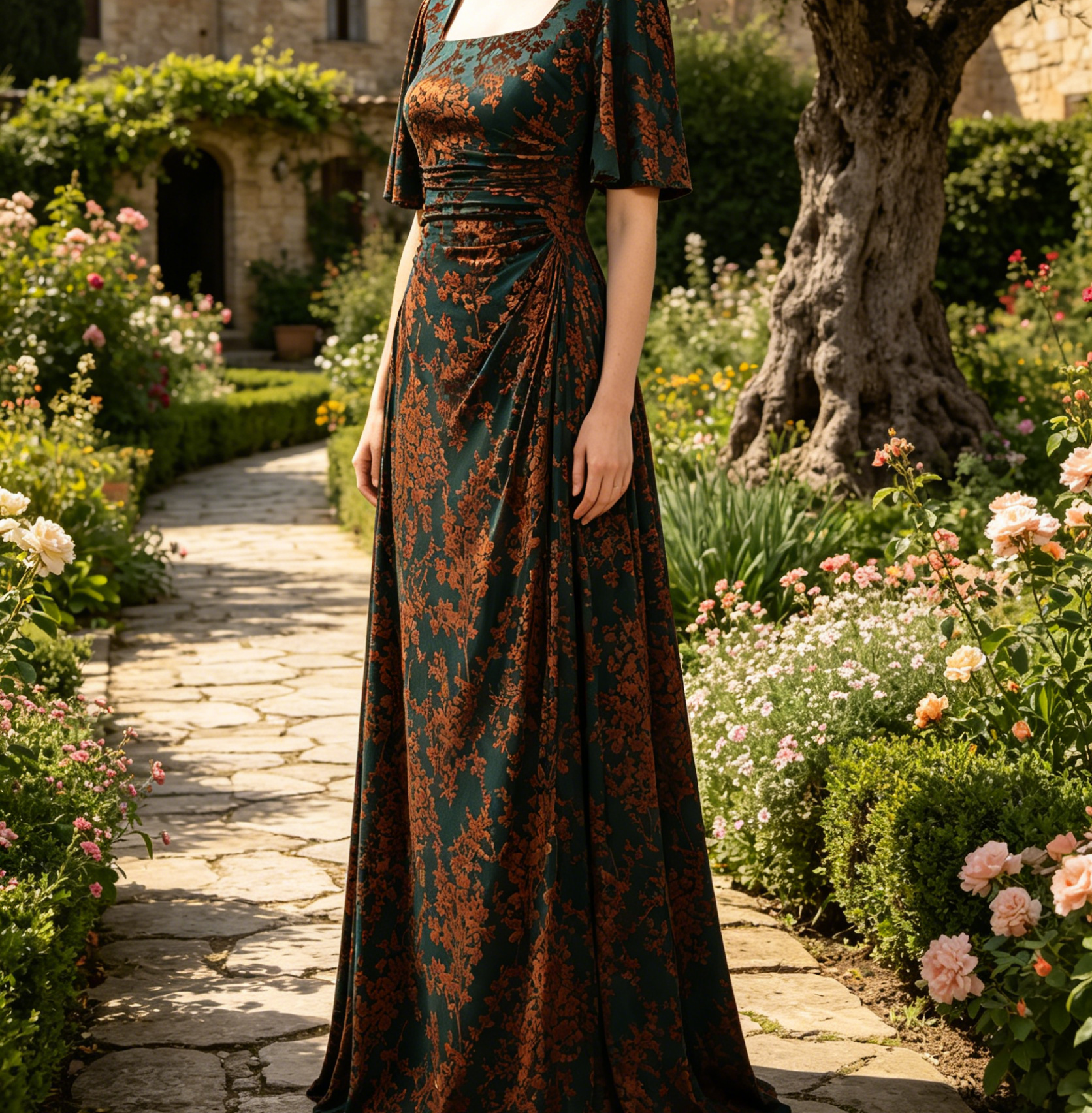 Elegantes Maxikleid in Dunkelgrün – modernem Karree-Ausschnitt und Ärmeln
