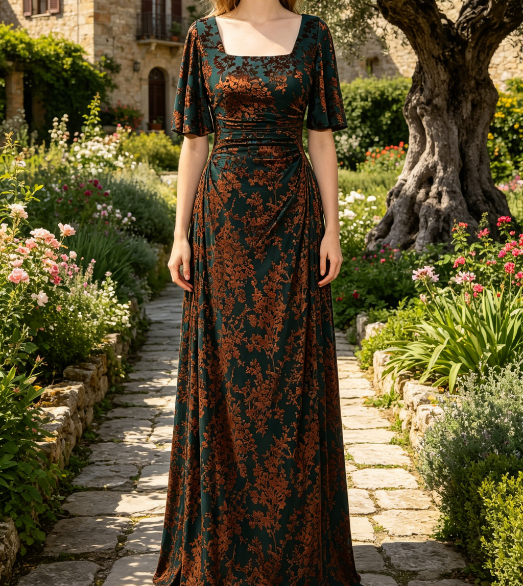 Elegantes Maxikleid in Dunkelgrün – modernem Karree-Ausschnitt und Ärmeln