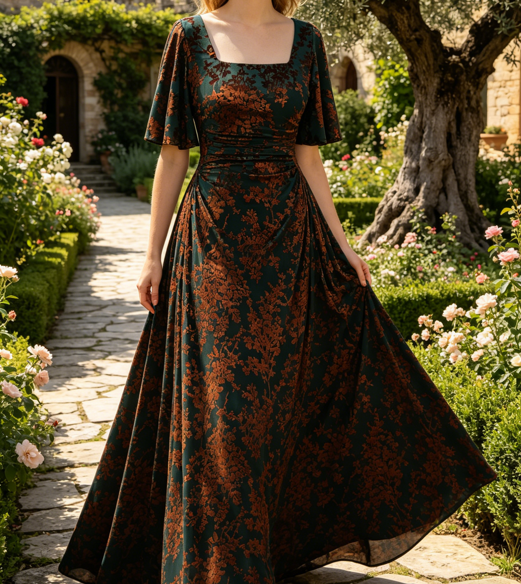 Elegantes Maxikleid in Dunkelgrün – modernem Karree-Ausschnitt und Ärmeln