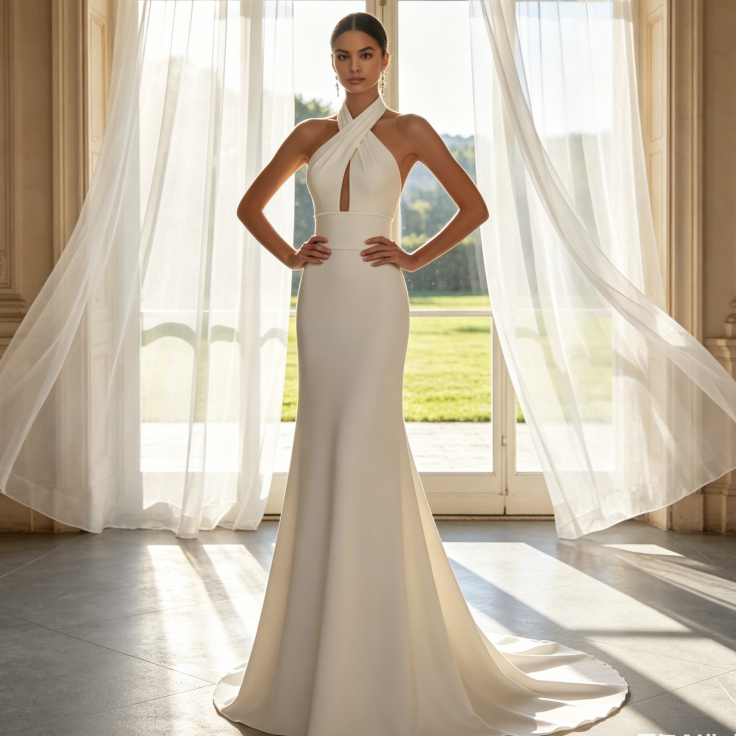 Minimalistische Neckholder-Robe aus Satin – Elegantes Maxikleid mit Schlüsselloch-Ausschnitt