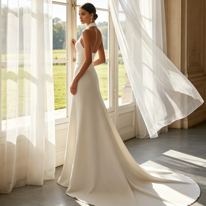 Minimalistische Neckholder-Robe aus Satin – Elegantes Maxikleid mit Schlüsselloch-Ausschnitt