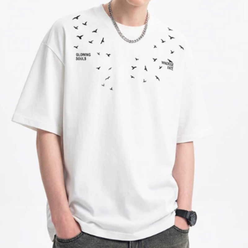 Herren T-Shirt Retro Stickerei Rundhals Baumwolle Kurzarm Frühling Sommer Oberteil