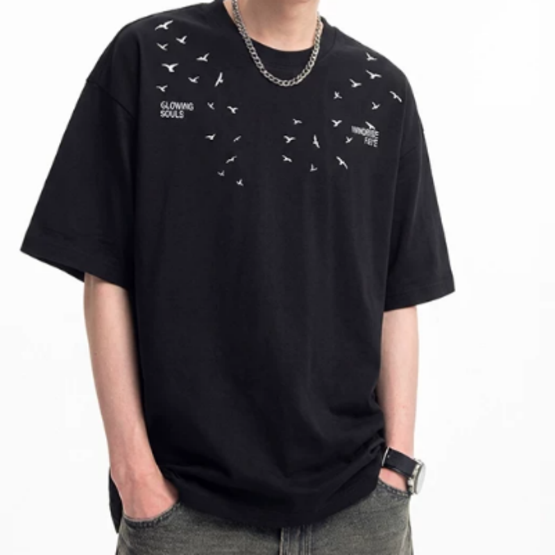 Herren T-Shirt Retro Stickerei Rundhals Baumwolle Kurzarm Frühling Sommer Oberteil