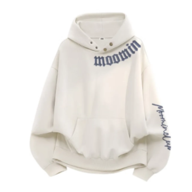 Unisex Hoodie mit Doppelknopf-Detail – Vintage Kapuzenpullover mit Buchstaben-Print, Dicke Fleece-Fütterung für Winter, Oversized Design-Sweatshirt für Damen & Herren