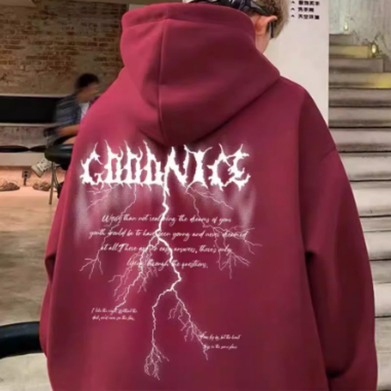 Herren Hoodie mit Blurry-Effekt & Blitzen – Y2K Streetwear Kapuzenjacke, Warmes Silberfuchs-Vlies (Silver Fox), Oversized Sweatshirt mit Phantom-Print & Rauch-Optik