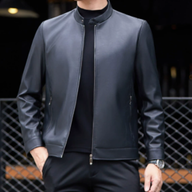 Leichte Herren Lederjacke mit Stehkragen – Slim Fit Lederblouson im Baseball-Style für den Frühling