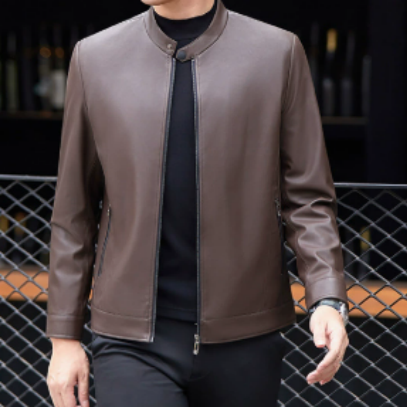 Leichte Herren Lederjacke mit Stehkragen – Slim Fit Lederblouson im Baseball-Style für den Frühling