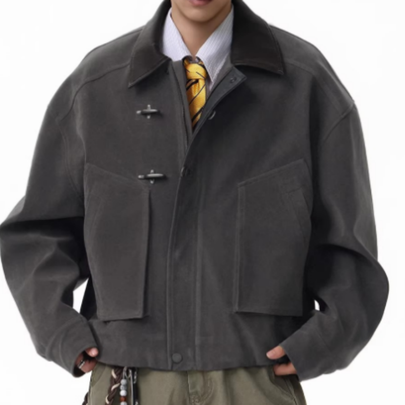 Herren Jacke mit Lederkragen & Karabinerverschluss – Casual Oversized Cargo-Jacke – Vintage Workwear-Style mit großen Taschen