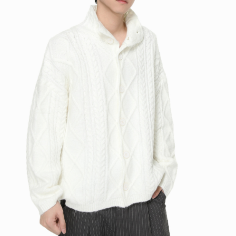 Herren Cardigan mit Mock-Neck & Relief-Struktur - Oversized Strickjacke mit 3D-Jacquard - Schwere Herbst-Winter Jacke