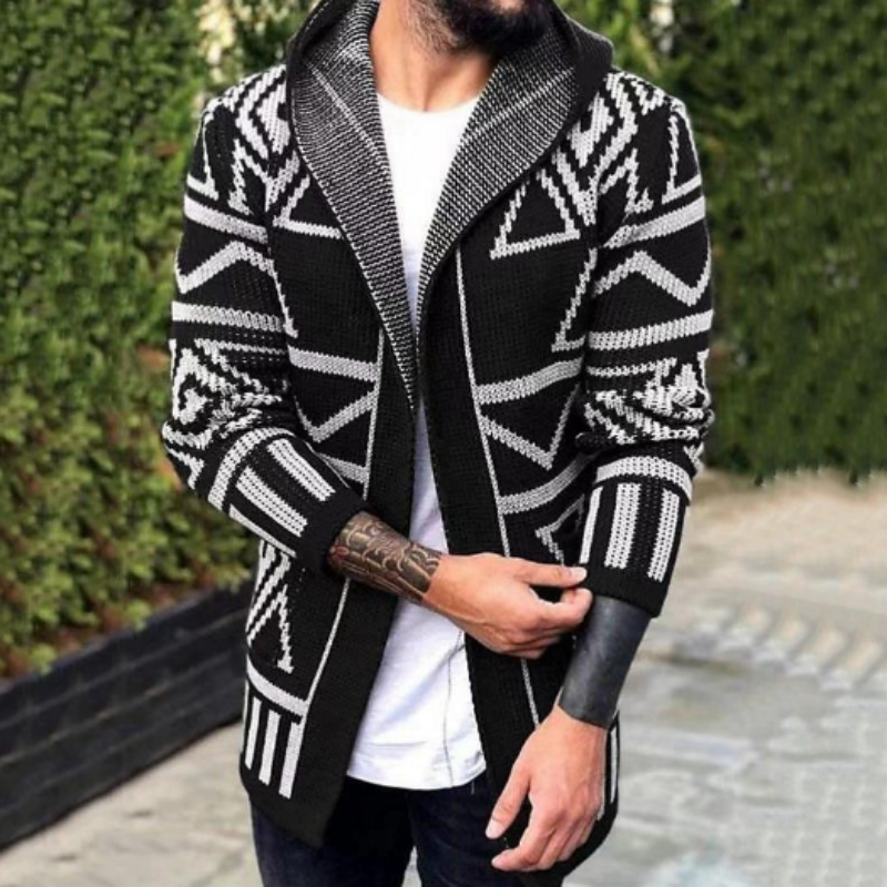 Herren Long-Cardigan mit Jacquard-Muster - Mittellange Strickjacke für den Übergang - Boho-Style Strickmantel Casual
