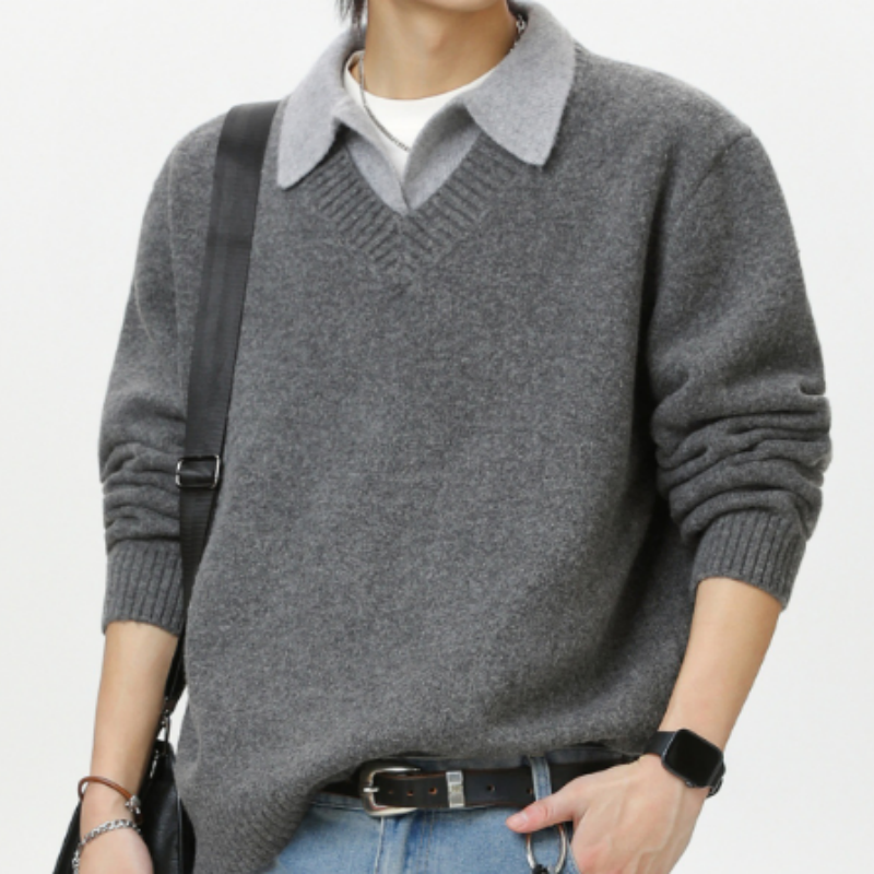 Herren Strickpullover in 2-in-1 Optik - V-Ausschnitt Pullover mit Hemdkragen - Klassisches Polo-Strickshirt für Business & Freizeit