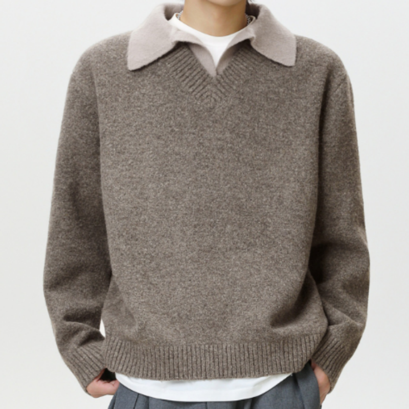 Herren Strickpullover in 2-in-1 Optik - V-Ausschnitt Pullover mit Hemdkragen - Klassisches Polo-Strickshirt für Business & Freizeit