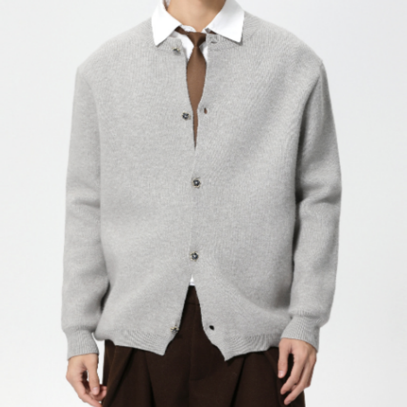 Herren Strickjacke mit Rundhalsausschnitt – Minimalistischer Clean Fit Cardigan, Casual Langarm Strickpullover mit Knopfleiste