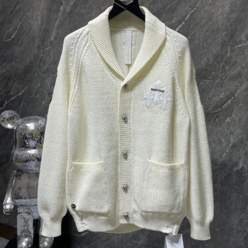 Herren Strickjacke mit Kreuz-Lederpatches – Cardigan mit Silber-Schnallen, Gothic High-Street Strickjacke im Vintage-Look