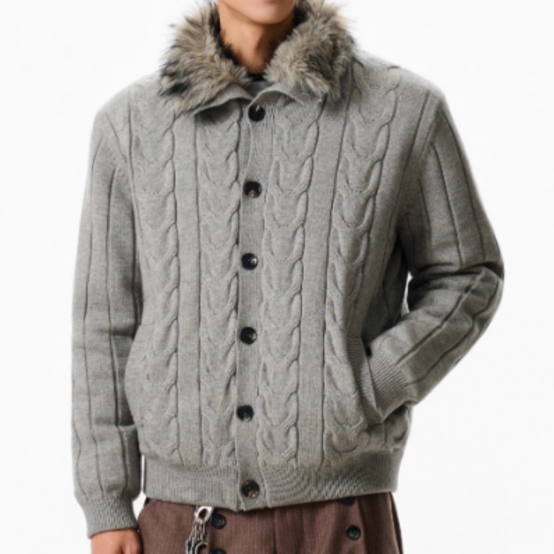 Herren Strickjacke mit Kreuz-Lederpatches – Cardigan mit Silber-Schnallen, Gothic High-Street Strickjacke im Vintage-Look