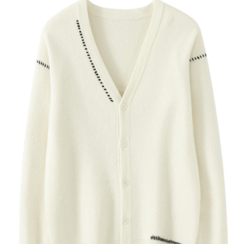 Herren Woll-Cardigan mit Kontrastnähten – V-Ausschnitt Strickjacke mit markanter Linienführung, Modernes Strick-Overshirt