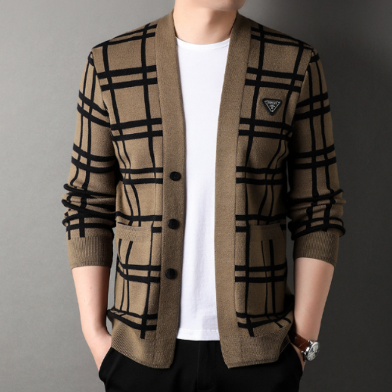 Herren Woll-Cardigan mit Jacquard-Karomuster – V-Ausschnitt Strickjacke aus Premium-Wolle, Karierter Strickmantel für Herren