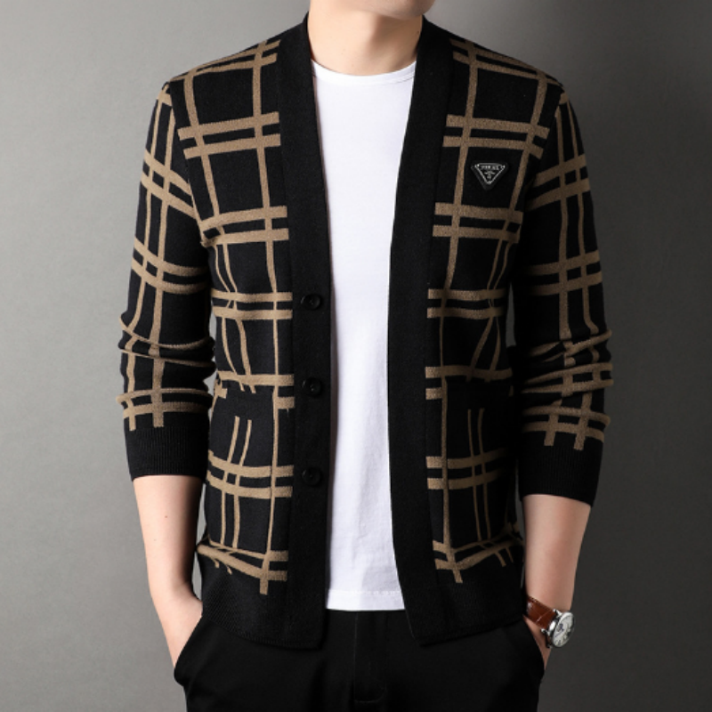 Herren Woll-Cardigan mit Jacquard-Karomuster – V-Ausschnitt Strickjacke aus Premium-Wolle, Karierter Strickmantel für Herren
