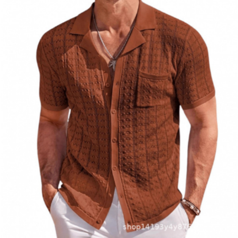 Herren Kurzarm Strick-Polo mit Lochmuster – Luftiger Crochet-Cardigan, Sommerliches Polohemd im Vintage-Strick-Design