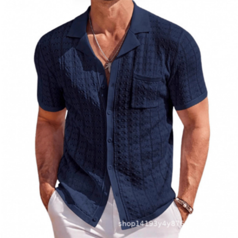 Herren Kurzarm Strick-Polo mit Lochmuster – Luftiger Crochet-Cardigan, Sommerliches Polohemd im Vintage-Strick-Design