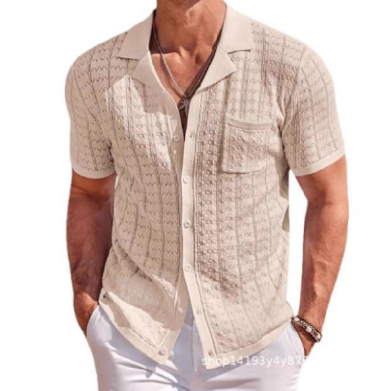 Herren Kurzarm Strick-Polo mit Lochmuster – Luftiger Crochet-Cardigan, Sommerliches Polohemd im Vintage-Strick-Design